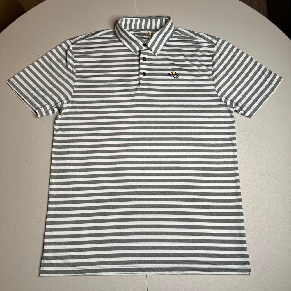 Arnold Palmer Bay Hill Mens XL Grey White Striped Performance Golf Polo Shirt